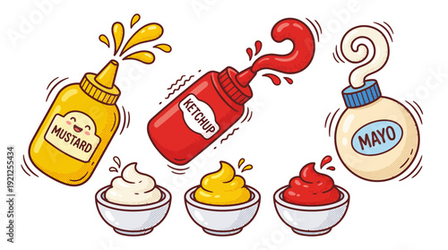 Sauce Bottle Vector Set – Cartoon Mustard, Ketchup, and Mayo with Splash Effects and Bowls for Food Packaging, Recipe Cards, and Culinary Design Projects