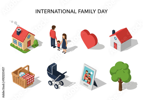 A vibrant collection of isometric illustrations celebrating International Family Day with diverse icons representing home, love, and togetherness