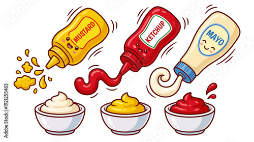 Sauce Bottle Vector Set – Cartoon Mustard, Ketchup, and Mayo with Splash Effects and Bowls for Food Packaging, Recipe Cards, and Culinary Design Projects