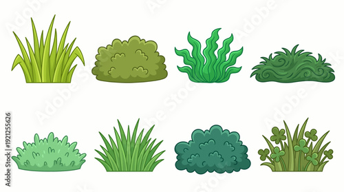 Green Bush Vector Set – Cartoon Shrubs and Grass Clumps in Stylized Garden Shapes for Landscaping Graphics, Nature Crafts, and Outdoor Design Projects