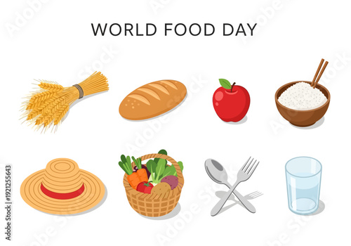 Celebrating World Food Day with a collection of food and agriculture icons, including bread, fruits, vegetables, and grains, symbolizing nourishment and harvest
