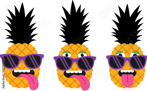 Three cartoon pineapples wearing purple sunglasses and sticking out pink tongues, depicted with different silly facial expressions, isolated on a transparent background.