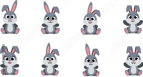 Eight cute cartoon gray bunnies in various poses, including sitting, waving, and looking forward. Each rabbit has pink ears and a white belly, isolated on a transparent background.