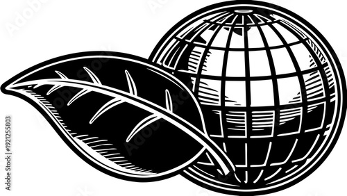 Illustration of a leaf beside a globe symbolizing global unity and nature
