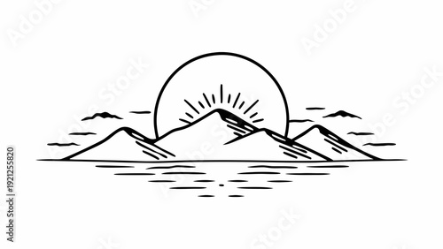 A serene mountain landscape with a full moon rising over the water, depicted in a simple illustration.