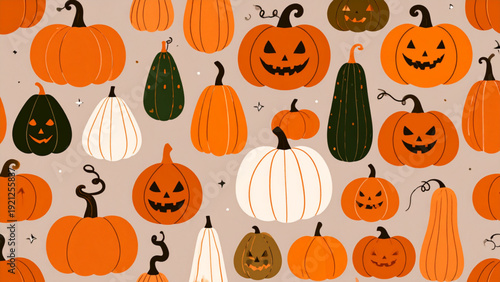 Orange Halloween Jack O Lantern Pumpkin with Spooky Face – Flat Vector Illustration Set