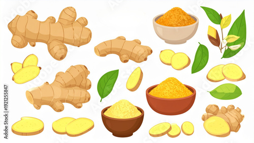 Ginger Root Botanical Illustration Set – Fresh Slices, Powder Bowl and Herbal Plant Vector