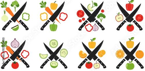 Food preparation and cooking icon collection. Includes vegetables, fruits, knives, cutting, and healthy eating symbols. Created in flat vector style with a vibrant color palette.