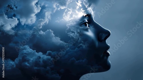 Cloudy mind and brain fog concept depicted by a silhouette of a head surrounded by dark clouds and a mystical atmosphere in a surreal setting