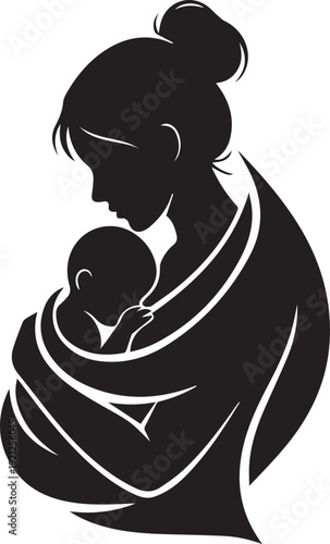 Black silhouette of a mother holding her baby in a sling