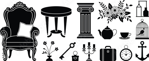 Vintage, furniture, silhouette, armchair, table, column, teapot, clock, suitcase, anchor, decor, antique, collection, classic, interior, vector, illustration, set, elegant, design