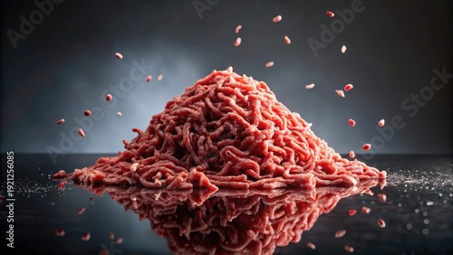 A mound of fresh ground meat with particles of meat falling onto a reflective surface