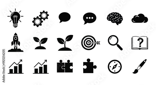 Collection of black icons representing ideas innovation and problem solving silhouette