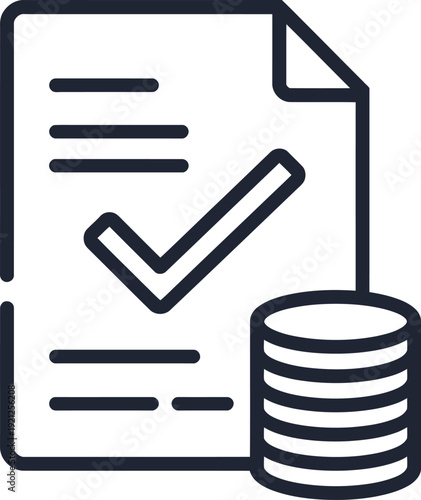 Document with checkmark and coin stack icon isolated on White Background