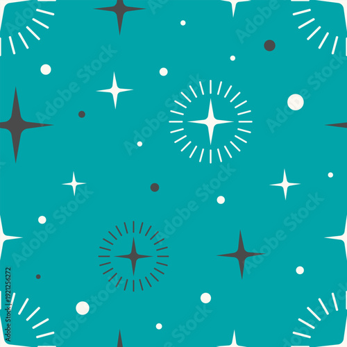 Abstract spiritual celestial stars and dots seamless pattern for divine energy background and modern mandir sanctuary wallpaper Vector Flat Design.