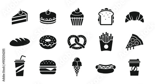 Collection of various food items depicted in black silhouette