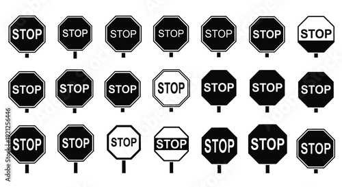 Multiple stop signs in varying shades a bold black and white silhouette