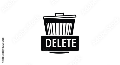 A black trash can with the word delete a stark silhouette