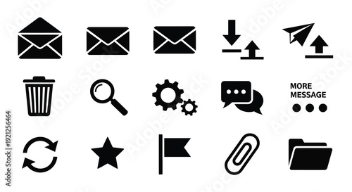 Collection of black communication and system icons in a flat silhouette