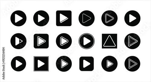 Collection of play button icons in various shapes a stark silhouette