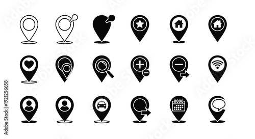 Collection of black location pin icons representing various points silhouette