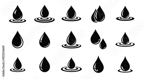 Collection of black water droplet shapes against a white background silhouette
