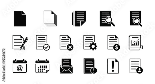 Collection of black document and office related icons a silhouette