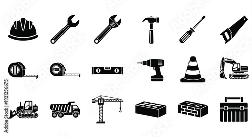 Construction tools and machinery icons in a black design silhouette