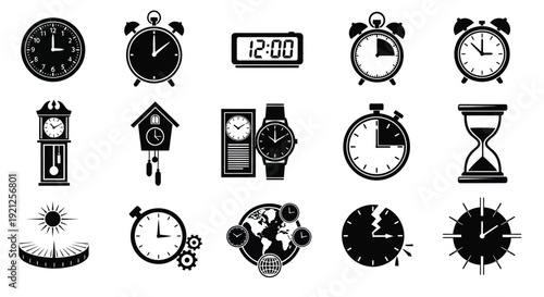 Collection of various timekeeping devices in a dark silhouette