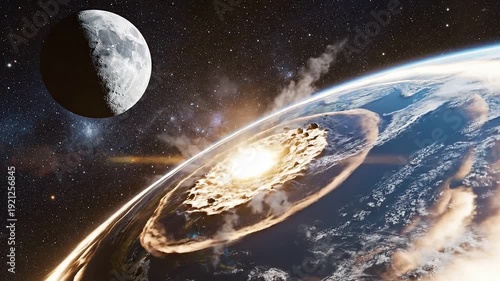Massive asteroid impact on Earth with Moon in background.