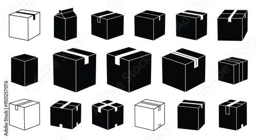 A collection of cardboard boxes displayed in varying perspectives silhouette