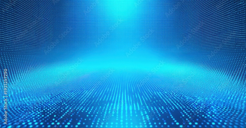 Fototapeta premium Abstract blue digital landscape. Glowing particles converge toward distant bright point. Futuristic tunnel effect, dark edges.