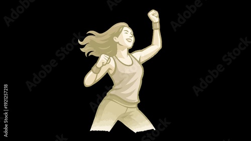 Woman with boxing gloves raising arms in victory female