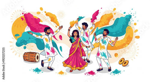 People celebrating holi festival with colorful powders and joyful dance moves in traditional attire