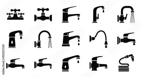 Variety of faucet designs presented in a stark black silhouette