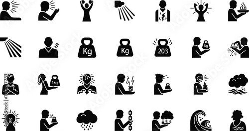 Vector silhouettes of a business team and office people icons set featuring black stick figure human resources pictograms and work management symbols
