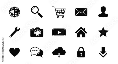 Collection of common website icons depicted in black silhouette