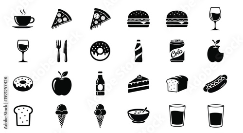 Various food and drink icons arranged in a grid silhouette