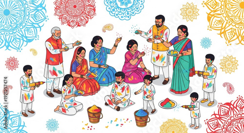 Vibrant indian family celebrating holi festival with colorful powders and joyful atmosphere