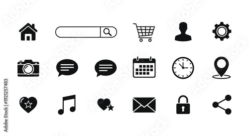 Collection of black icons representing common digital functions silhouette