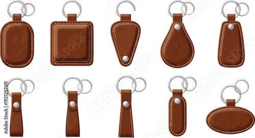 Leather Keychain Tag Collection Vector Illustration with Different Shapes and Metal Rings for Branding Mockup and Accessory Design.