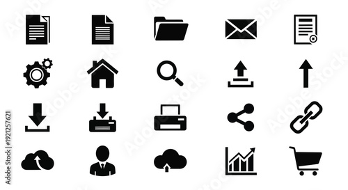 Collection of black glyph icons representing digital functions silhouette