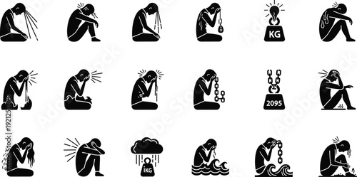 Vector illustration of a set of black silhouettes of business people and travel icons as a web sign or stick pictogram symbol