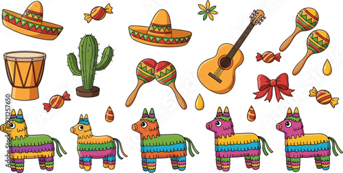 Mexican Fiesta Party Vector Set with Pinata Sombrero Guitar Maracas Drum Cactus Candy and Ribbons for Cinco de Mayo Celebration Design.