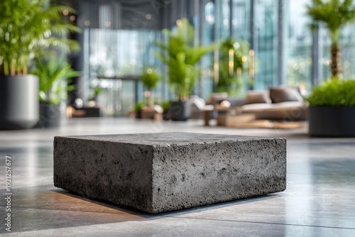 Matte black concrete pedestal block with subtle pores, minimalist floor display scene