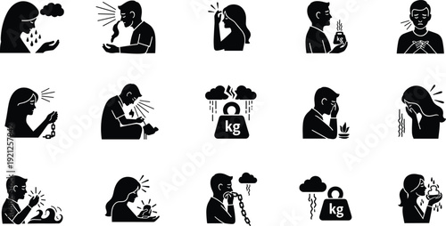 Vector set of black woman silhouettes and business person icons featuring a group of female figures in a stick pictogram style for work concepts