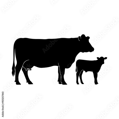 Cow and Calf Silhouette Vector, Farm Animal Livestock Mother and Baby Illustration.