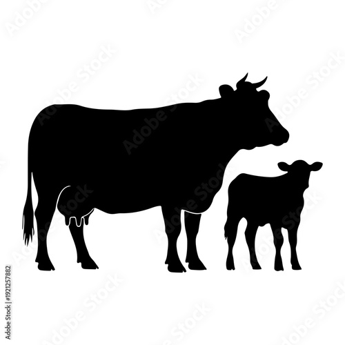 Cow and Calf Silhouette Vector, Farm Animal Livestock Mother and Baby Illustration.