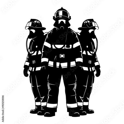 Firefighter Team Silhouette Vector, Fire Brigade Emergency Response Heroes Illustration.