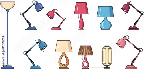 Modern Decorative Table and Floor Lamp Collection Vector Illustration with Various Stylish Lighting Fixtures for Home Interior Furniture and Decor Design.